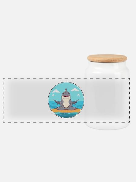 Hai-Cartoon-Yoga-Strand-Sommer-Illustration - Panorama Keksdose mit Holzdeckel - Weiß