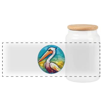 Pelikan Bunte Aquarell-Tierillustration - Panorama Keksdose mit Holzdeckel - Weiß - Vorne