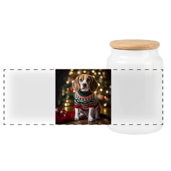 Weihnachtsbeagle im festlichen Strickpullover - Panorama Keksdose mit Holzdeckel - Weiß - Vorne