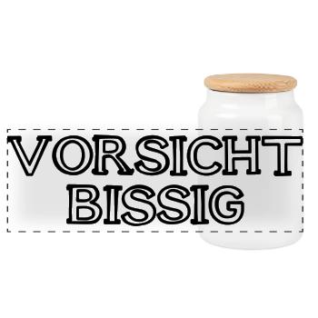 Vorsicht bissig Schriftzug handgezeichnet - Panorama Keksdose mit Holzdeckel - Weiß - Vorne