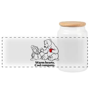 Eisbär teilt Kakao mit einem Schneemann - Panorama Keksdose mit Holzdeckel - Weiß - Vorne
