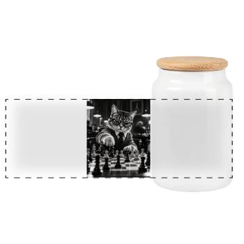 Katze Schachspieler Retro Design - Panorama Keksdose mit Holzdeckel - Weiß - Vorne