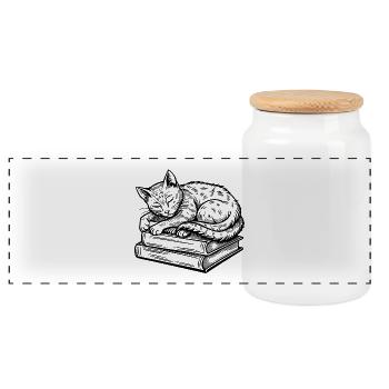 Katze schläft auf Bücherleser - Panorama Keksdose mit Holzdeckel - Weiß - Vorne