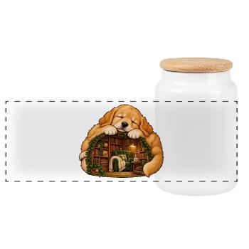 Schlafender Golden Retriever mit einer gemütlichen Bibliothek - Panorama Keksdose mit Holzdeckel - Weiß - Vorne