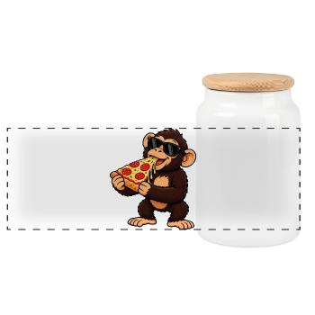 Schimpanse mit Pizza Cool Cartoon - Panorama Keksdose mit Holzdeckel - Weiß - Vorne