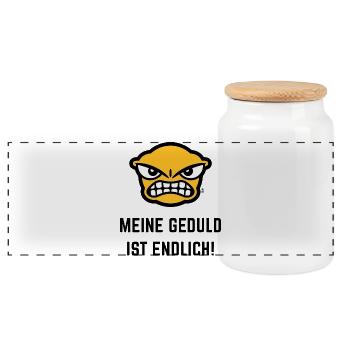 Meine Geduld Ist Endlich! (Emoticon / POS 3C Gold) - Panorama Keksdose mit Holzdeckel - Weiß - Vorne