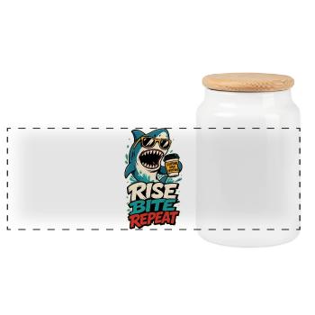 Hai mit Kaffee – Rise Bite Repeat - Panorama Keksdose mit Holzdeckel - Weiß - Vorne