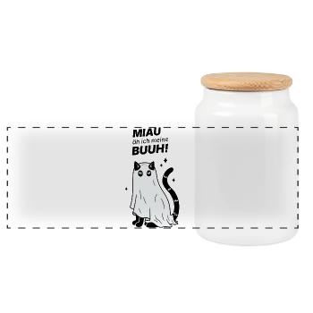 Miau äh ich meine Buuh! - Katze Gespenst Halloween - Panorama Keksdose mit Holzdeckel - Weiß - Vorne