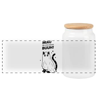 Miau äh ich meine Buuh! - Katze Gespenst Halloween - Panorama Keksdose mit Holzdeckel - Weiß - Vorne