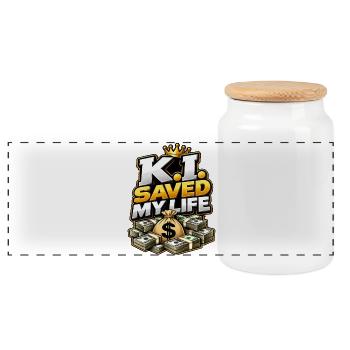 K.I. Saved My Life – KI Geld & Streetwear - Panorama Keksdose mit Holzdeckel - Weiß - Vorne