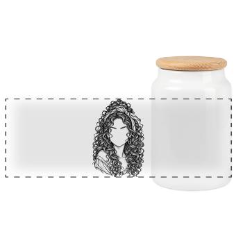 Lockige Portraitsilhouette Stirnband - Panorama Keksdose mit Holzdeckel - Weiß - Vorne