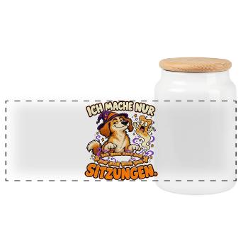 Ich mache nur Sitzungen – Halloween Comic-Hund - Panorama Keksdose mit Holzdeckel - Weiß - Vorne