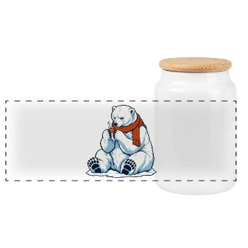 Eisbär mit Kaffeetassee - Teebecher - Panorama Keksdose mit Holzdeckel - Weiß - Vorne