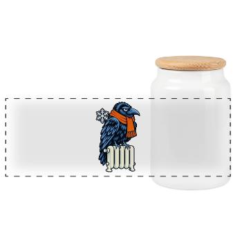 Winterkrähe mit Orangen Schal - Panorama Keksdose mit Holzdeckel - Weiß - Vorne