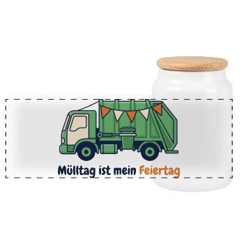 Müllauto – Mülltag ist mein Feiertag - Panorama Keksdose mit Holzdeckel - Weiß - Vorne