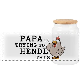Papa Is Trying to Hendl This – Lustiger Hahnspruch - Panorama Keksdose mit Holzdeckel - Weiß - Vorne