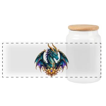 Lotusdrache – Türkiser Fantasy-Drache in Gold - Panorama Keksdose mit Holzdeckel - Weiß - Vorne