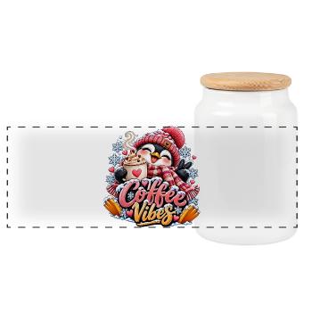 Kaffee Vibes Pinguin Winterdesign - Panorama Keksdose mit Holzdeckel - Weiß - Vorne