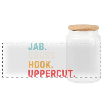 Lustiger Boxliebhaber Jab Cross Hook Uppercut - Panorama Keksdose mit Holzdeckel - Weiß - Vorne