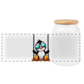 Süßer Pinguin mit Sonnenbrille auf Schaukel - Panorama Keksdose mit Holzdeckel - Weiß - Vorne