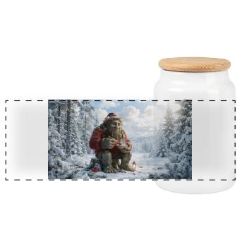Winter Yeti am Feuer im Schneeland - Panorama Keksdose mit Holzdeckel - Weiß - Vorne