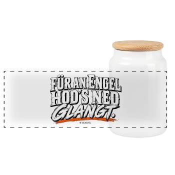Engeltext Schwarzweiß mit Orange Schwung - Panorama Keksdose mit Holzdeckel - Weiß - Vorne