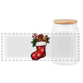 Weihnachtsstrumpf mit Teddy und Geschenken - Panorama Keksdose mit Holzdeckel - Weiß - Vorne