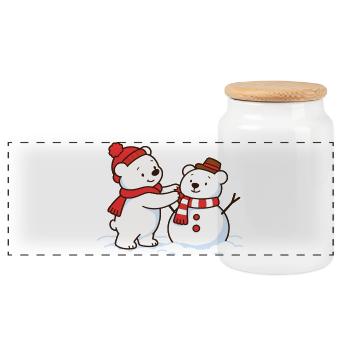 Eisbär baut einen Bären-Schneemann  - Panorama Keksdose mit Holzdeckel - Weiß - Vorne