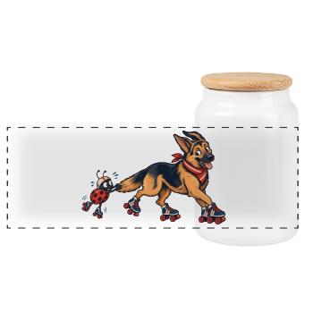 Schäferhund und Marienkäfer auf Rollschuhen - Panorama Keksdose mit Holzdeckel - Weiß - Vorne