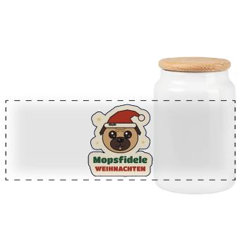 Mopsfidele Weihnachten – Mops mit Weihnachtsmütze - Panorama Keksdose mit Holzdeckel - Weiß - Vorne