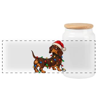 Lustiger Weihnachtsdackel mit bunter Lichterkette - Panorama Keksdose mit Holzdeckel - Weiß - Vorne