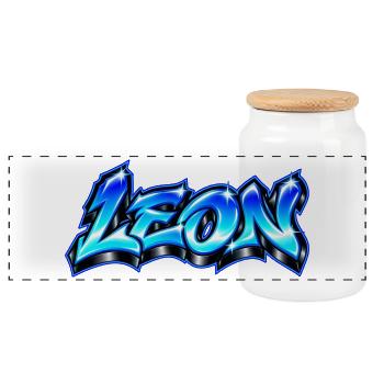 LEON Graffiti Name Street Art Hip Hop 3D - Panorama Keksdose mit Holzdeckel - Weiß - Vorne