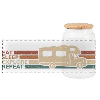 Eat Sleep Explore Repeat Wohnwagen Spruch - Panorama Keksdose mit Holzdeckel - Weiß - Vorne