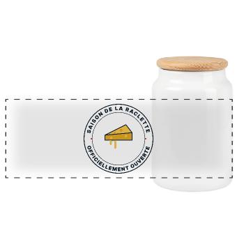 Open Raclette-Saison – Käsehumor - Panorama Keksdose mit Holzdeckel - Weiß - Vorne