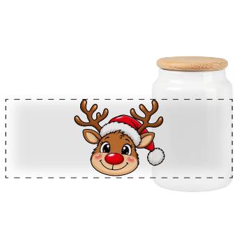 Niedlicher Weihnachtselch mit Weihnachtsmütze - Panorama Keksdose mit Holzdeckel - Weiß - Vorne