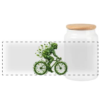 Radfahrer aus grünen Blättern – Fahrrad trifft Umw - Panorama Keksdose mit Holzdeckel - Weiß - Vorne