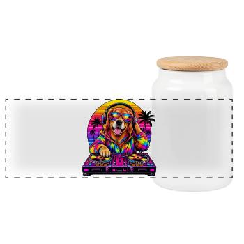 Neon-DJ-Hund in Sunset Palms - Panorama Keksdose mit Holzdeckel - Weiß - Vorne