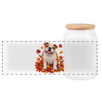 Herbstbulldog auf Laubteppich - Panorama Keksdose mit Holzdeckel - Weiß - Vorne