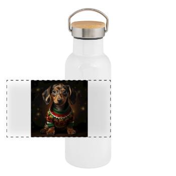 Weihnachtsdackel im Strickpullover - Panorama Thermosflasche mit Bambusdeckel - Weiß - Vorne