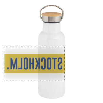 Schweden Stockholm Geschenkidee  - Panorama Thermosflasche mit Bambusdeckel - Weiß - Vorne