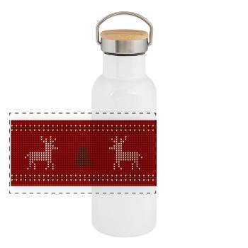 Rentier-Weihnachtsstrick Print - Panorama Thermosflasche mit Bambusdeckel - Weiß - Vorne