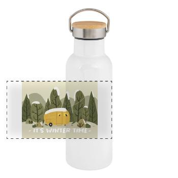 Retro Wohnmobil Winter Ready - Panorama Thermosflasche mit Bambusdeckel - Weiß - Vorne