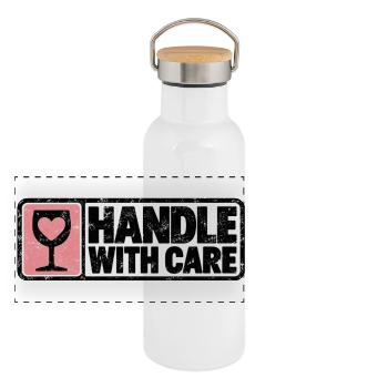 Handle With Care – Herz Retro Design - Panorama Thermosflasche mit Bambusdeckel - Weiß - Vorne