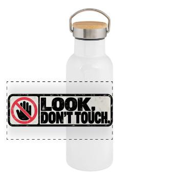 Look, Don't Touch – Retro Warning Design - Panorama Thermosflasche mit Bambusdeckel - Weiß - Vorne