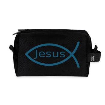 Blauer Jesusfisch Ichthys Jesus Fisch Geschenk  - Recycelte Kulturtasche - Schwarz - Vorne