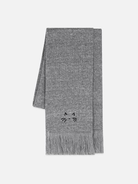 Katzengesicht bestickt - Strickschal - Grau meliert