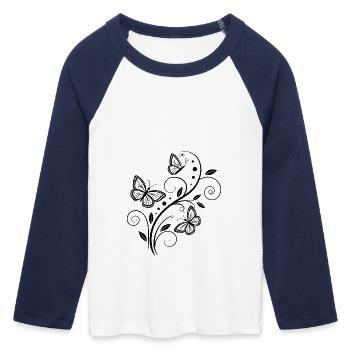 Ornement Papillon - T-shirt Crop Top de Baseball Manches 3/4 Femme - blanc/marine  - Devant - Maraike (178cm)