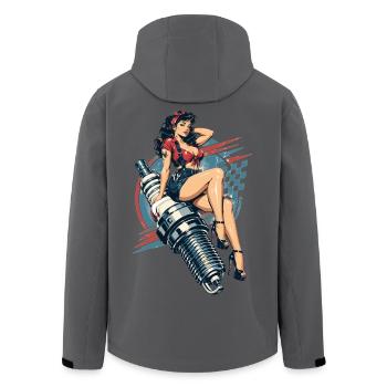 Vintage Hot Rod Pin-Up: Mechanikerin auf Zündkerze - Recycelte Männer Softshell-Jacke von Stanley/Stella - Anthrazit - Hinten - AI Model Male 185 light (185cm)