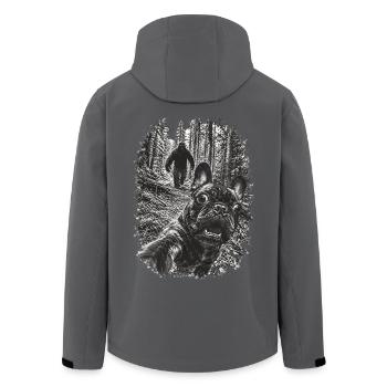 Französische Bulldogge Und Bigfoot Im Wald - Recycelte Männer Softshell-Jacke von Stanley/Stella - Anthrazit - Hinten - AI Model Male 185 light (185cm)