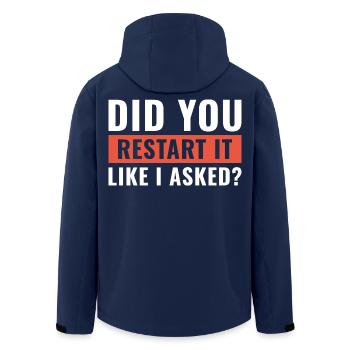 Hast du es neu gestartet, wie ich es beim Helpdesk gebeten habe. - Recycelte Männer Softshell-Jacke von Stanley/Stella - Navy - Hinten - AI Model Male 185 light (185cm)